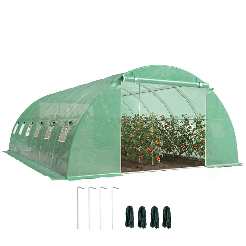 Outsunny Invernadero de Exterior 6x4x2 m, Invernadero de Túnel con 2 Varillas de Soporte, Puertas Enrollables, Ventanas de Malla, Cubierta PE y Marco de Acero Galvanizado, Anti-UV, Impermeable, Verde