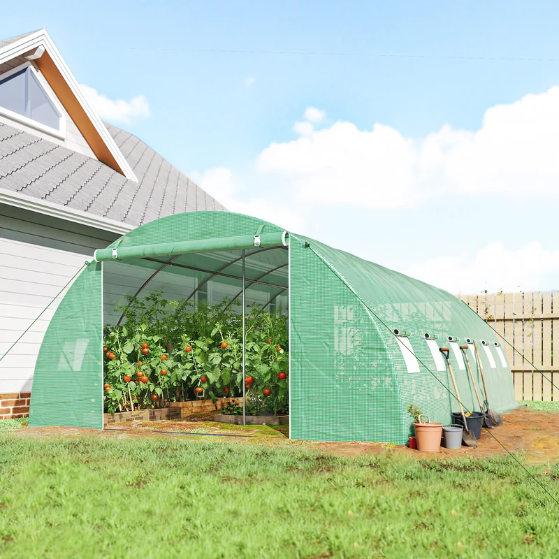 Outsunny Invernadero de Exterior 6x4x2 m, Invernadero de Túnel con 2 Varillas de Soporte, Puertas Enrollables, Ventanas de Malla, Cubierta PE y Marco de Acero Galvanizado, Anti-UV, Impermeable, Verde