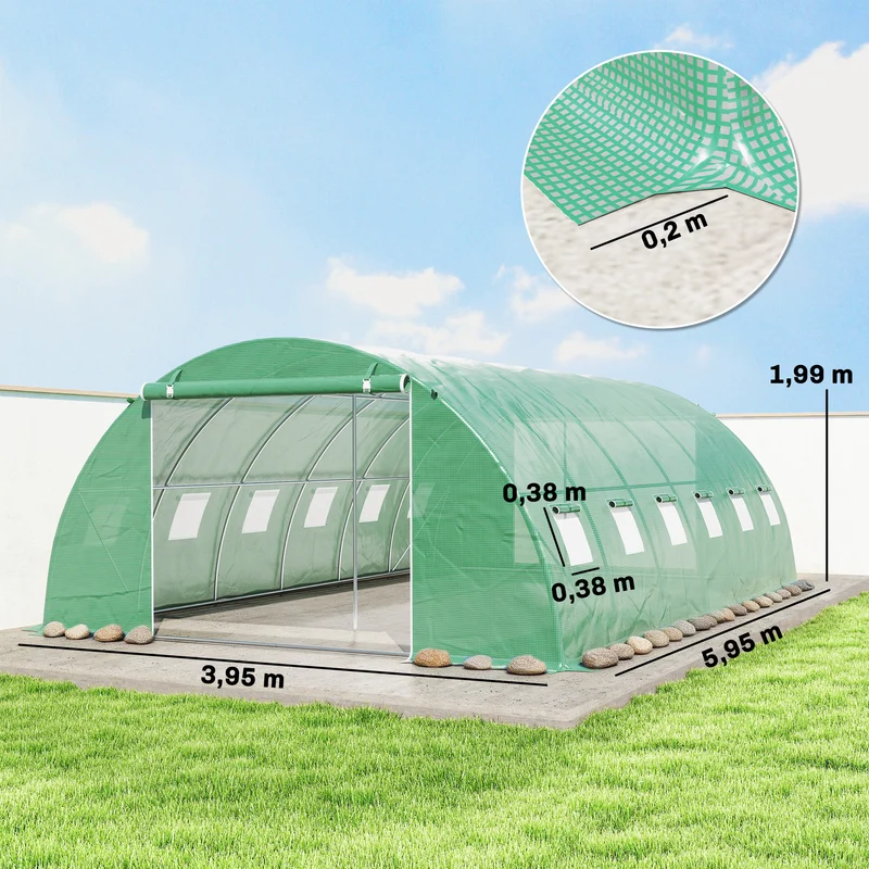 Outsunny Invernadero de Exterior 6x4x2 m, Invernadero de Túnel con 2 Varillas de Soporte, Puertas Enrollables, Ventanas de Malla, Cubierta PE y Marco de Acero Galvanizado, Anti-UV, Impermeable, Verde