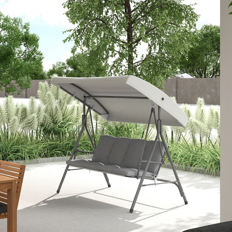 Outsunny Columpio de Jardín Exterior de 3 Plazas, Balancín de Jardín Exterior con Techo Ajustable y Marco de Acero, para Balcón, Terraza, Patio, Carga 210 kg, 172x110x156 cm, Gris Claro