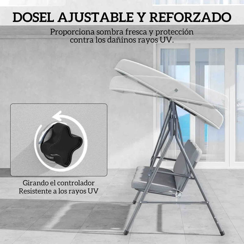 Outsunny Columpio de Jardín Exterior de 3 Plazas, Balancín de Jardín Exterior con Techo Ajustable y Marco de Acero, para Balcón, Terraza, Patio, Carga 210 kg, 172x110x156 cm, Gris Claro