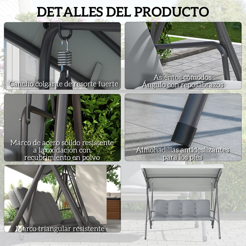 Outsunny Columpio de Jardín Exterior de 3 Plazas, Balancín de Jardín Exterior con Techo Ajustable y Marco de Acero, para Balcón, Terraza, Patio, Carga 210 kg, 172x110x156 cm, Gris Claro