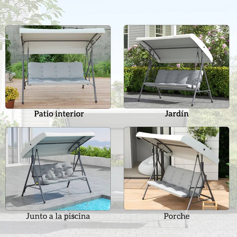 Outsunny Columpio de Jardín Exterior de 3 Plazas, Balancín de Jardín Exterior con Techo Ajustable y Marco de Acero, para Balcón, Terraza, Patio, Carga 210 kg, 172x110x156 cm, Gris Claro