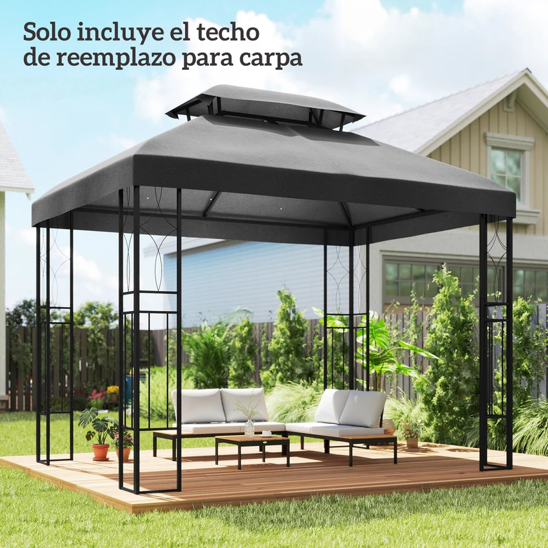 Outsunny Techo de Repuesto para Cenador, 4x3 m, Cubierta de Repuesto con Techo Doble, 10 Orificios de Drenaje y Protección UV, SOLO Toldo de Recambio para Pabellón Gazebo, Gris