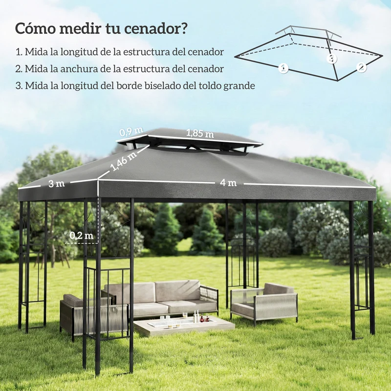 Outsunny Techo de Repuesto para Cenador, 4x3 m, Cubierta de Repuesto con Techo Doble, 10 Orificios de Drenaje y Protección UV, SOLO Toldo de Recambio para Pabellón Gazebo, Gris