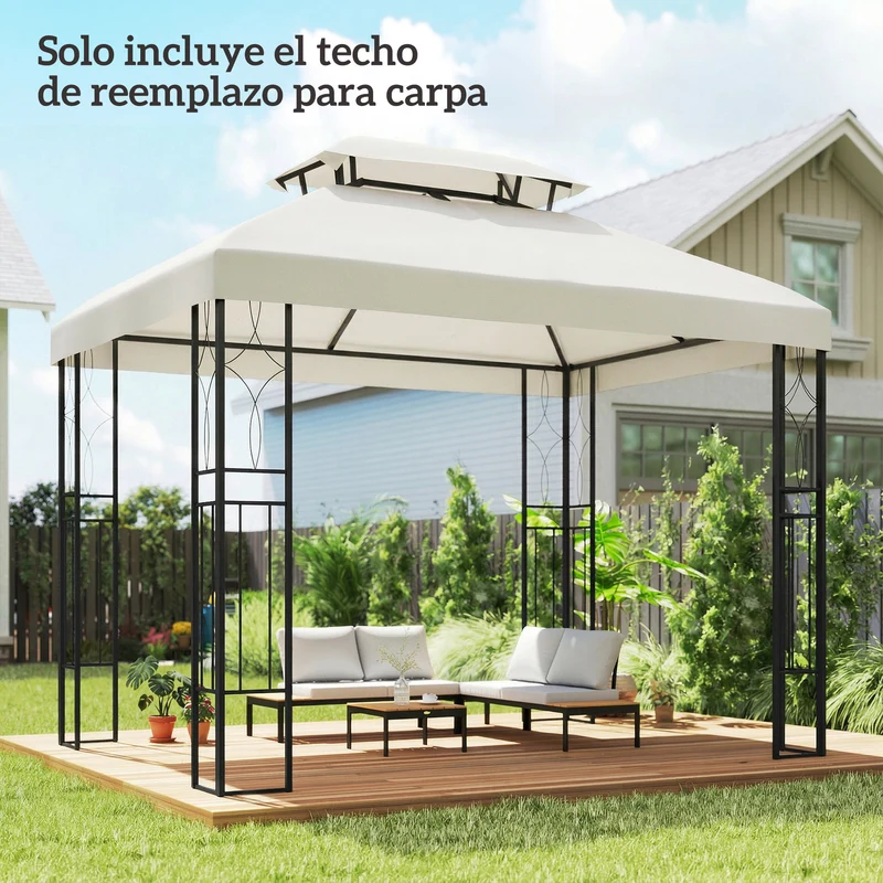 Outsunny Techo de Repuesto para Cenador, 4x3 m, Cubierta de Repuesto con Techo Doble, 10 Orificios de Drenaje y Protección UV, SOLO Toldo de Recambio para Pabellón Gazebo, Blanco Crema