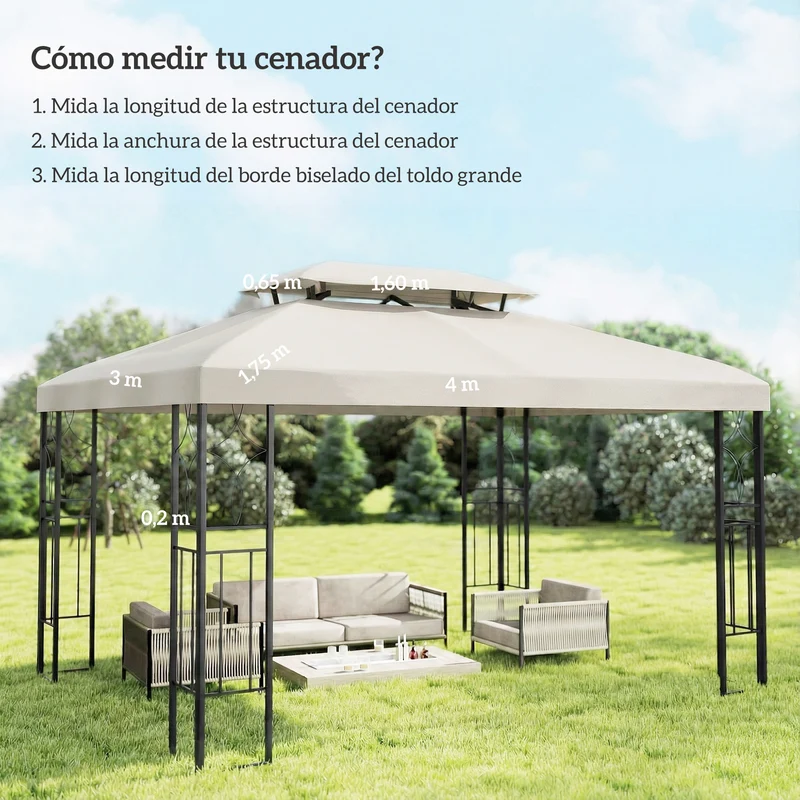 Outsunny Techo de Repuesto para Cenador, 4x3 m, Cubierta de Repuesto con Techo Doble, 10 Orificios de Drenaje y Protección UV, SOLO Toldo de Recambio para Pabellón Gazebo, Blanco Crema
