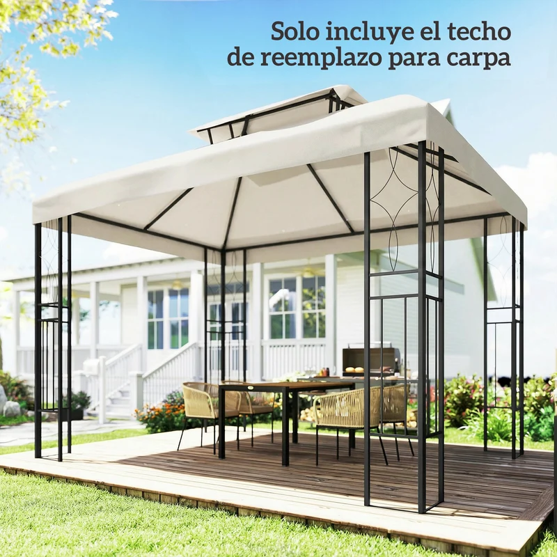 Outsunny Techo de Repuesto para Cenador, 4x3 m, Cubierta de Repuesto con Techo Doble, 10 Orificios de Drenaje y Protección UV, SOLO Toldo de Recambio para Pabellón Gazebo, Blanco Crema