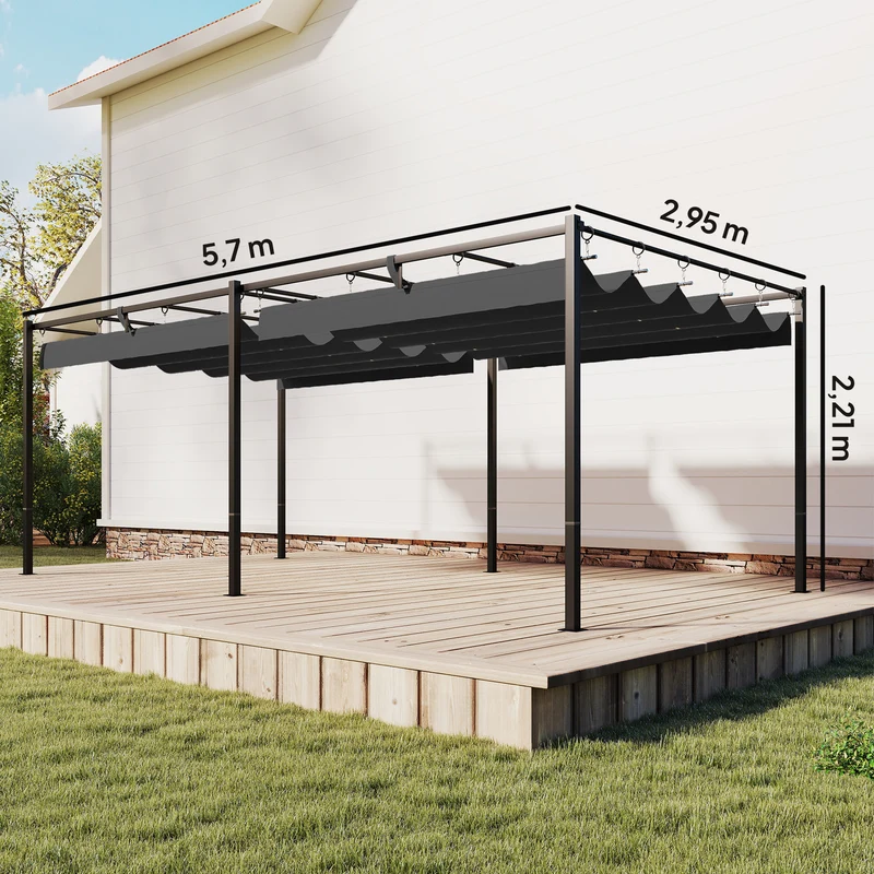 Outsunny Pérgola de Jardín 6x3 m con Techo Retráctil, Cenador de Jardín con Protección UPF50+, Drenaje, Estructura Metálica, Pabellón para Patio, Terraza, Exterior, Gris Oscuro