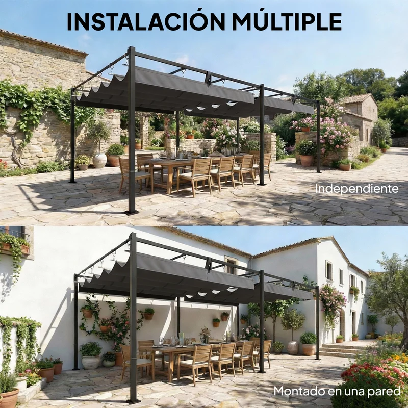 Outsunny Pérgola de Jardín 6x3 m con Techo Retráctil, Cenador de Jardín con Protección UPF50+, Drenaje, Estructura Metálica, Pabellón para Patio, Terraza, Exterior, Gris Oscuro