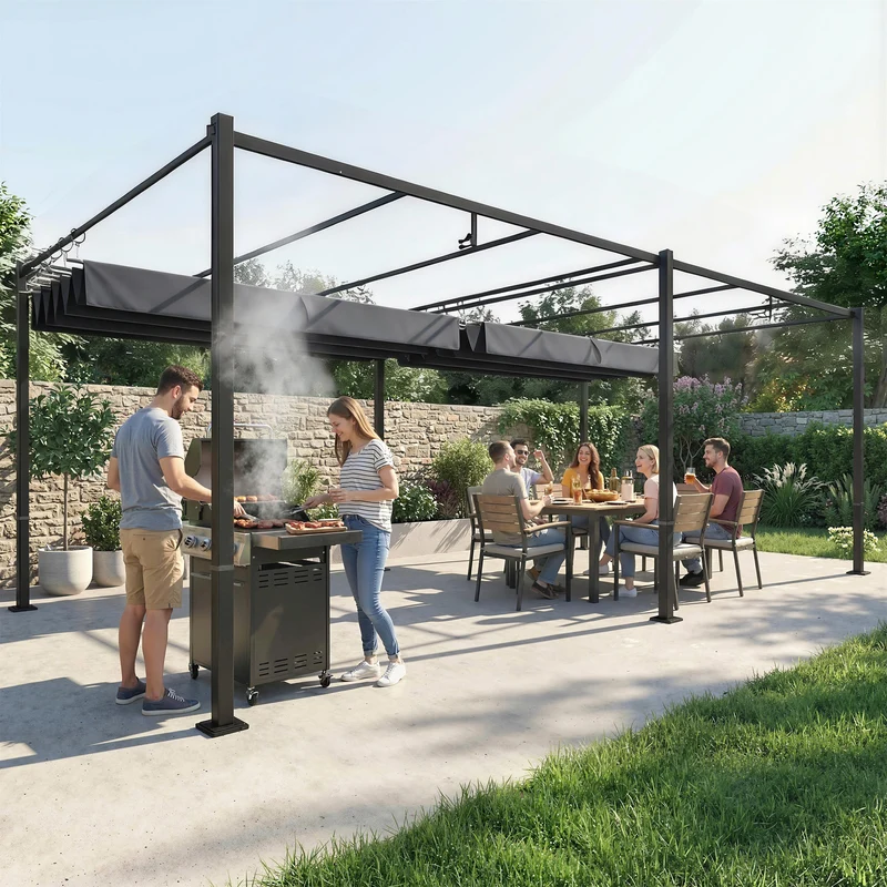 Outsunny Pérgola de Jardín 6x3 m con Techo Retráctil, Cenador de Jardín con Protección UPF50+, Drenaje, Estructura Metálica, Pabellón para Patio, Terraza, Exterior, Gris Oscuro