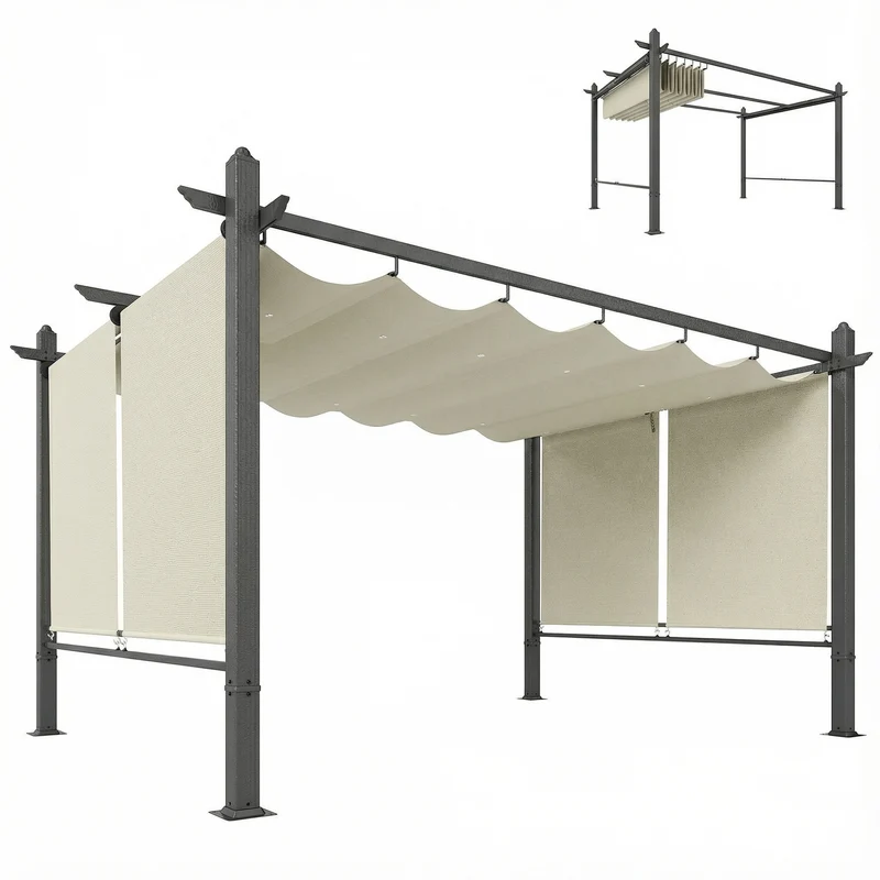 Outsunny Pérgola de Jardín 4x3 m con Techo Retráctil y 4 Cortinas Enrollables Automáticas, Cenador de Jardín con Protección UV50+, Estructura de Aluminio, Drenaje, Pabellón para Exterior, Crema