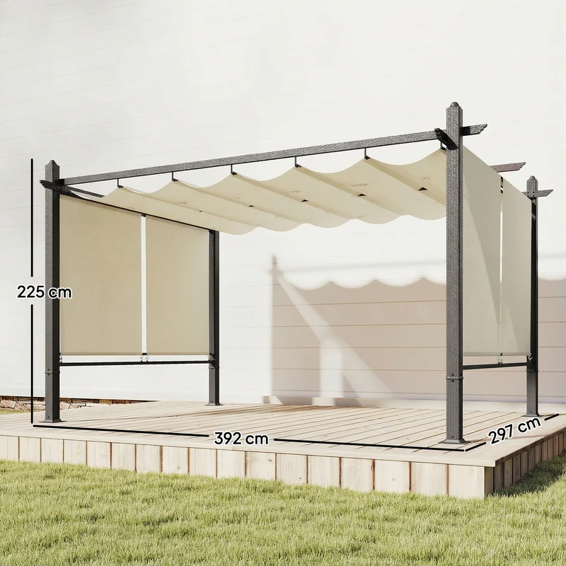 Outsunny Pérgola de Jardín 4x3 m con Techo Retráctil y 4 Cortinas Enrollables Automáticas, Cenador de Jardín con Protección UV50+, Estructura de Aluminio, Drenaje, Pabellón para Exterior, Crema