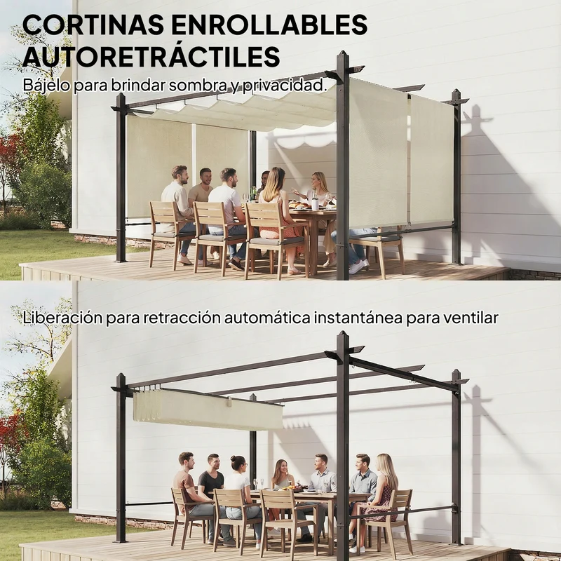 Outsunny Pérgola de Jardín 4x3 m con Techo Retráctil y 4 Cortinas Enrollables Automáticas, Cenador de Jardín con Protección UV50+, Estructura de Aluminio, Drenaje, Pabellón para Exterior, Crema