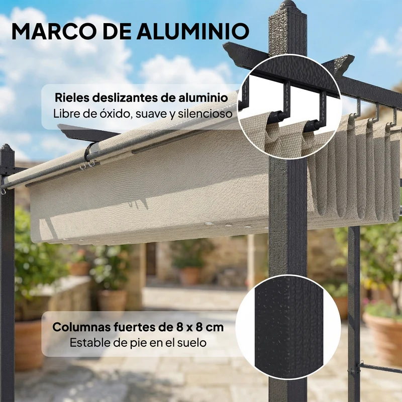 Outsunny Pérgola de Jardín 4x3 m con Techo Retráctil y 4 Cortinas Enrollables Automáticas, Cenador de Jardín con Protección UV50+, Estructura de Aluminio, Drenaje, Pabellón para Exterior, Crema