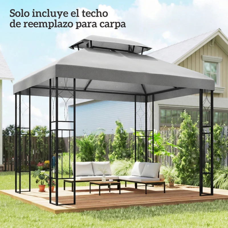 Outsunny Techo de Repuesto para Cenador, 4x3 m, Cubierta de Repuesto con Techo Doble, 10 Orificios de Drenaje y Protección UV, SOLO Toldo de Recambio para Pabellón Gazebo, Gris Claro