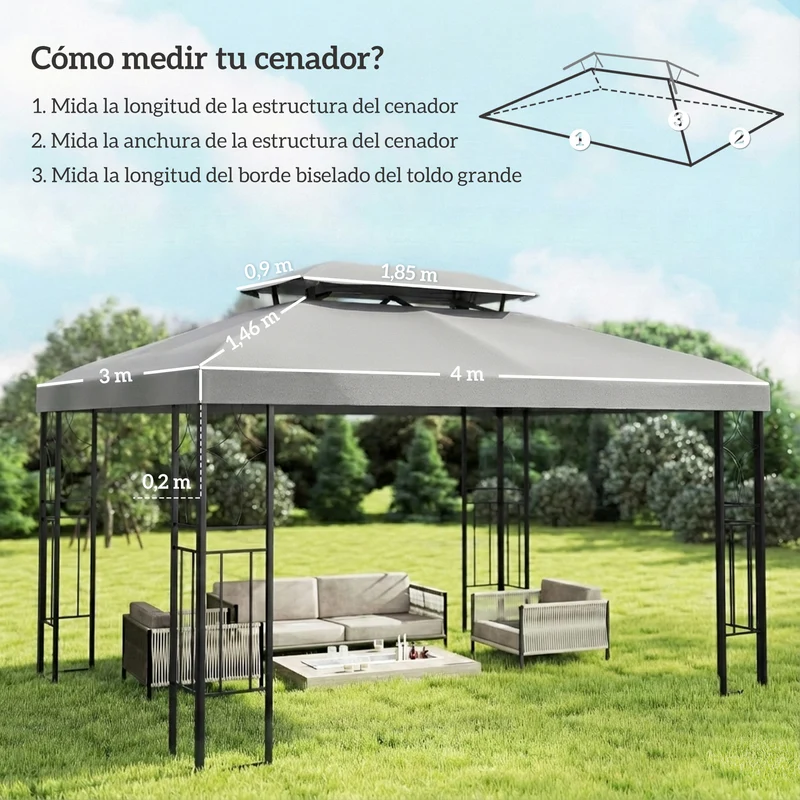 Outsunny Techo de Repuesto para Cenador, 4x3 m, Cubierta de Repuesto con Techo Doble, 10 Orificios de Drenaje y Protección UV, SOLO Toldo de Recambio para Pabellón Gazebo, Gris Claro