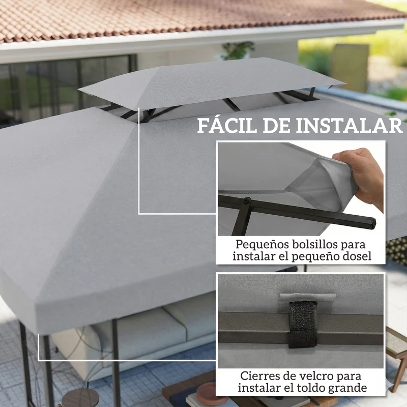Outsunny Techo de Repuesto para Cenador, 4x3 m, Cubierta de Repuesto con Techo Doble, 10 Orificios de Drenaje y Protección UV, SOLO Toldo de Recambio para Pabellón Gazebo, Gris Claro