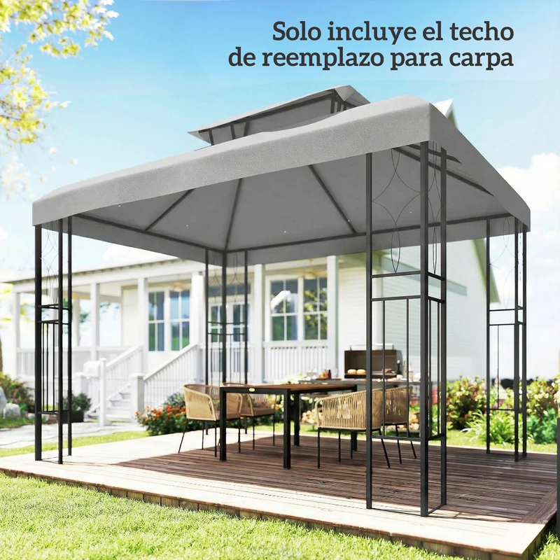 Outsunny Techo de Repuesto para Cenador, 4x3 m, Cubierta de Repuesto con Techo Doble, 10 Orificios de Drenaje y Protección UV, SOLO Toldo de Recambio para Pabellón Gazebo, Gris Claro