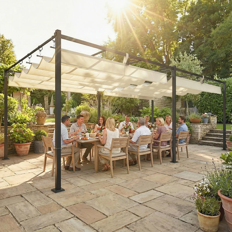 Outsunny Pérgola de Jardín 6x3 m con Techo Retráctil, Cenador de Jardín con Protección UPF50+, Drenaje, Estructura Metálica, Pabellón para Patio, Terraza, Exterior, Blanco Crema