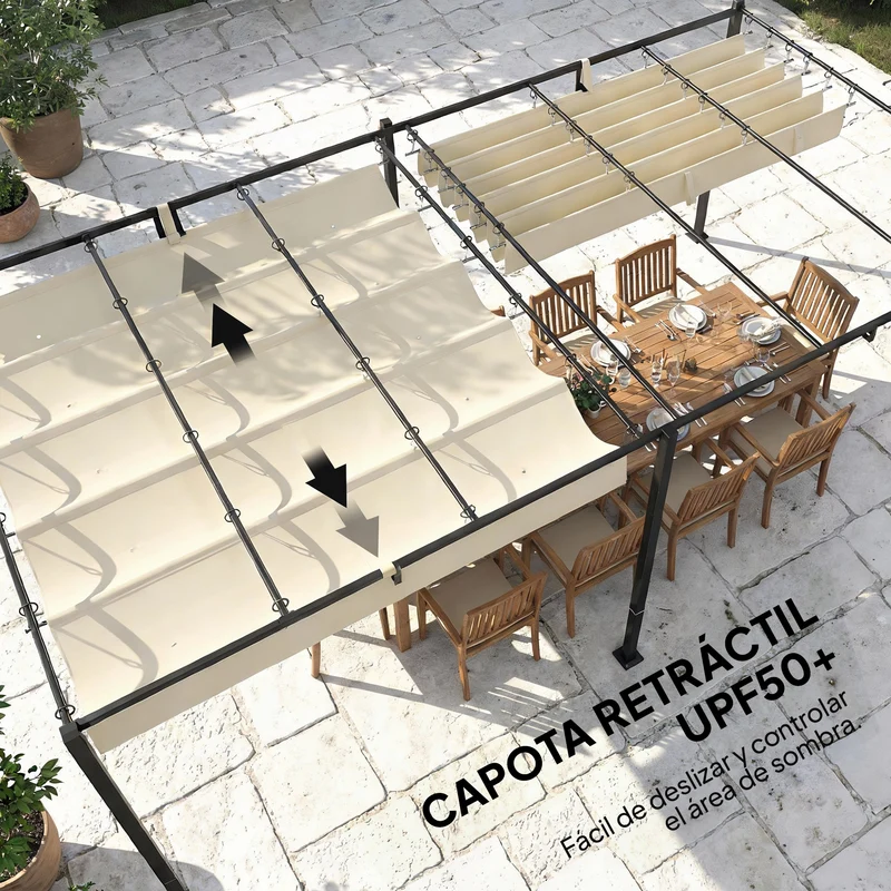 Outsunny Pérgola de Jardín 6x3 m con Techo Retráctil, Cenador de Jardín con Protección UPF50+, Drenaje, Estructura Metálica, Pabellón para Patio, Terraza, Exterior, Blanco Crema