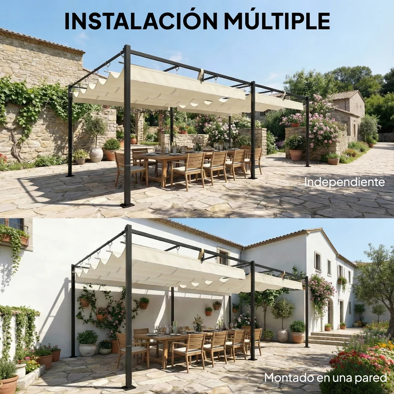 Outsunny Pérgola de Jardín 6x3 m con Techo Retráctil, Cenador de Jardín con Protección UPF50+, Drenaje, Estructura Metálica, Pabellón para Patio, Terraza, Exterior, Blanco Crema