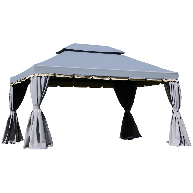 Outsunny Cenador de Jardín 4x3 m, Pabellón de Jardín Gazebo con Doble Techo, 4 Cortinas y Mosquitera, Marco de Aluminio, Orificios de Drenaje, UPF50+, Carpa para Exterior, Terraza, Patio, Gris