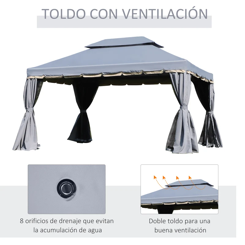 Outsunny Cenador de Jardín 4x3 m, Pabellón de Jardín Gazebo con Doble Techo, 4 Cortinas y Mosquitera, Marco de Aluminio, Orificios de Drenaje, UPF50+, Carpa para Exterior, Terraza, Patio, Gris