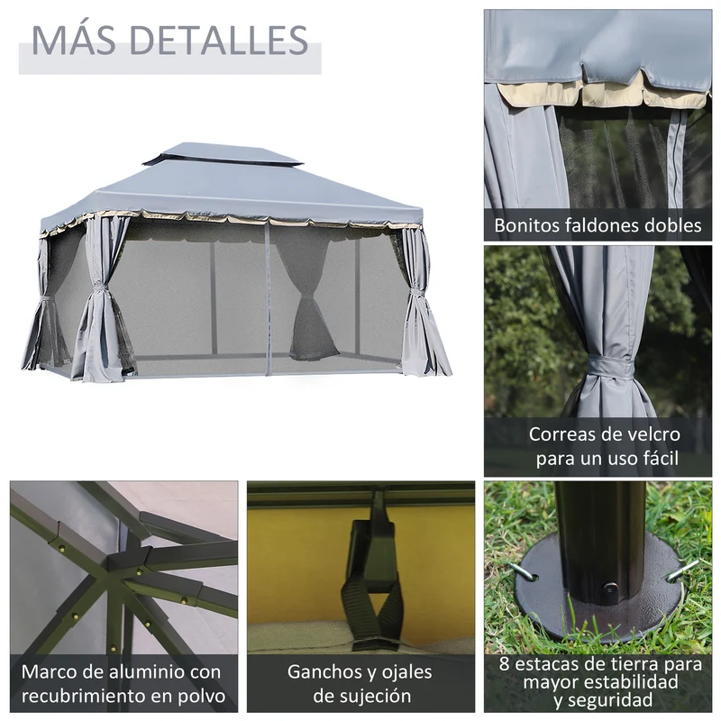 Outsunny Cenador de Jardín 4x3 m, Pabellón de Jardín Gazebo con Doble Techo, 4 Cortinas y Mosquitera, Marco de Aluminio, Orificios de Drenaje, UPF50+, Carpa para Exterior, Terraza, Patio, Gris