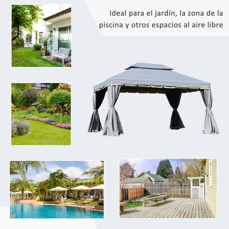 Outsunny Cenador de Jardín 4x3 m, Pabellón de Jardín Gazebo con Doble Techo, 4 Cortinas y Mosquitera, Marco de Aluminio, Orificios de Drenaje, UPF50+, Carpa para Exterior, Terraza, Patio, Gris