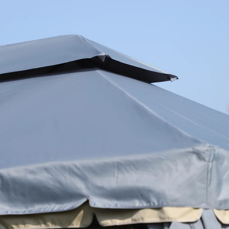 Outsunny Cenador de Jardín 4x3 m, Pabellón de Jardín Gazebo con Doble Techo, 4 Cortinas y Mosquitera, Marco de Aluminio, Orificios de Drenaje, UPF50+, Carpa para Exterior, Terraza, Patio, Gris