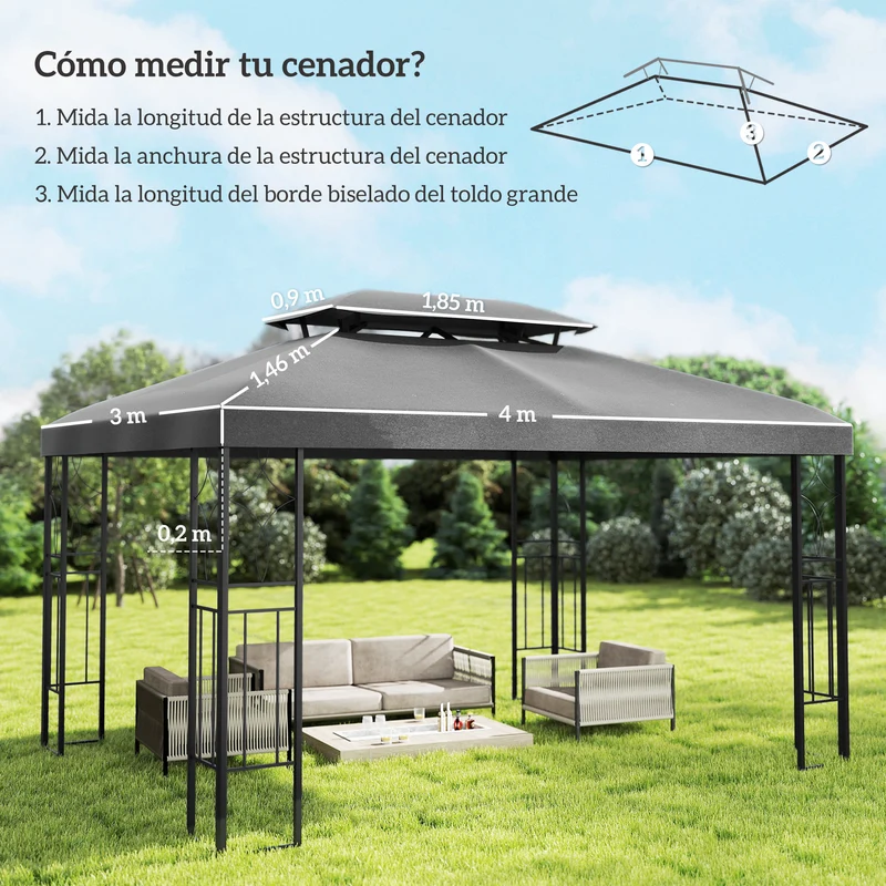 Outsunny Techo de Repuesto para Cenador, 4x3 m, Cubierta de Repuesto con Techo Doble, 10 Orificios de Drenaje y Protección UV, SOLO Toldo de Recambio para Pabellón Gazebo, Gris Oscuro