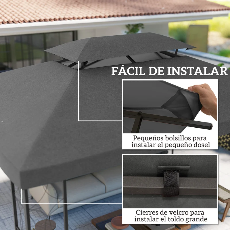 Outsunny Techo de Repuesto para Cenador, 4x3 m, Cubierta de Repuesto con Techo Doble, 10 Orificios de Drenaje y Protección UV, SOLO Toldo de Recambio para Pabellón Gazebo, Gris Oscuro