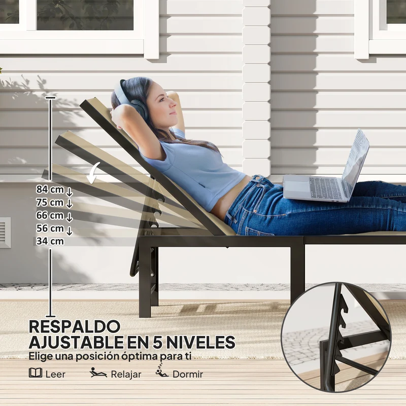 Outsunny Tumbona Jardín Exterior, Tumbona Reclinable con Respaldo Ajustable en 4 Niveles y Estructura de Acero, Impermeable, Carga 120 kg, para Patio, Terraza, Balcón, 166x60x84 cm, Caqui