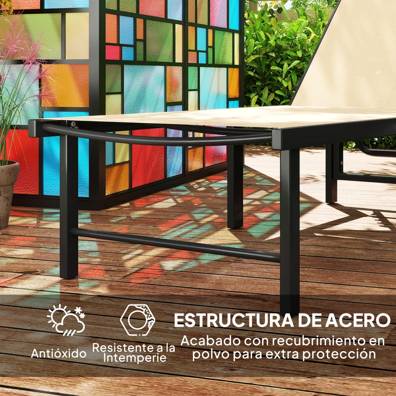Outsunny Tumbona Jardín Exterior, Tumbona Reclinable con Respaldo Ajustable en 4 Niveles y Estructura de Acero, Impermeable, Carga 120 kg, para Patio, Terraza, Balcón, 166x60x84 cm, Caqui