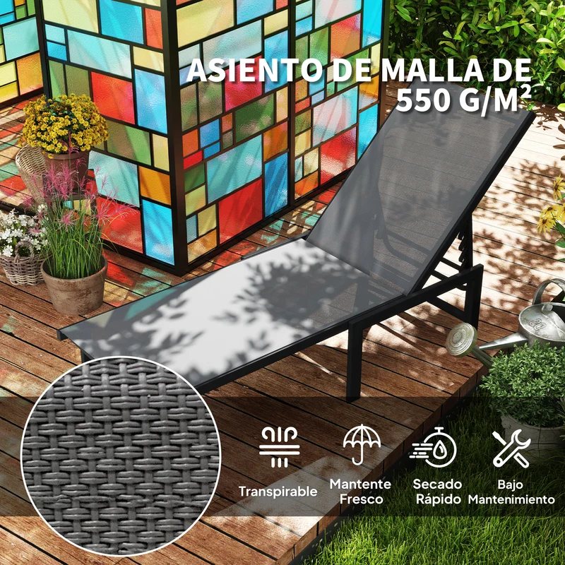 Outsunny Tumbona Jardín Exterior, Tumbona Reclinable con Respaldo Ajustable en 5 Niveles y Estructura de Acero, Impermeable, Carga 120 kg, para Patio, Terraza, Balcón, 166x60x84 cm, Gris