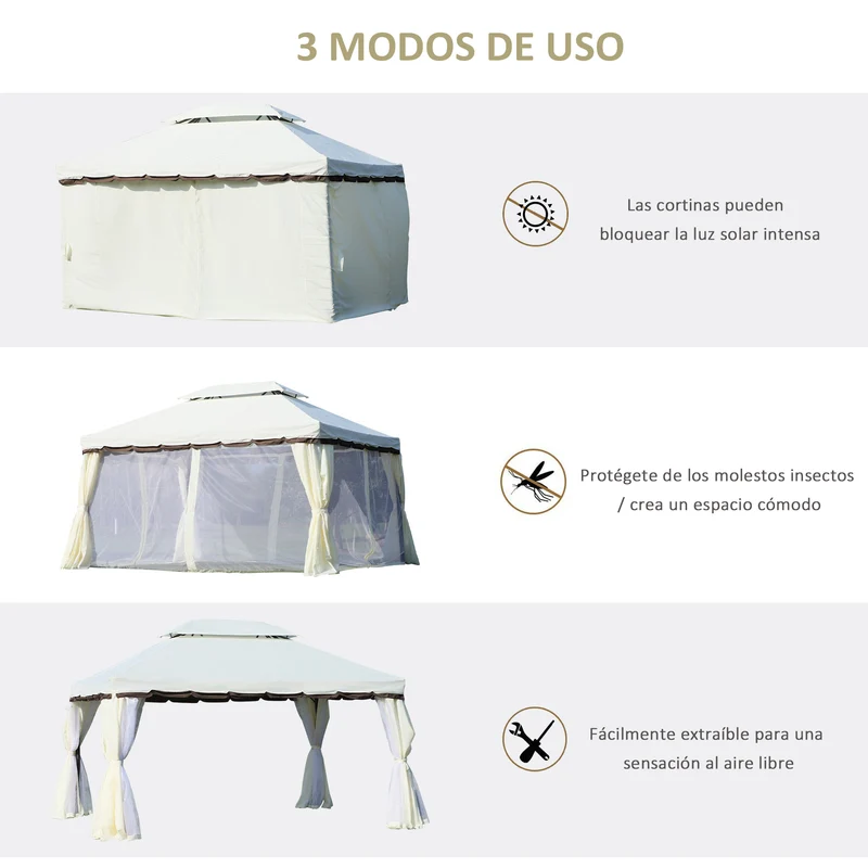 Outsunny Cenador de Jardín 4x3 m, Pabellón de Jardín Gazebo con Doble Techo, 4 Cortinas y Mosquitera, Marco de Aluminio, Orificios de Drenaje, UPF50+, Carpa para Exterior, Terraza, Patio, Blanco Crema