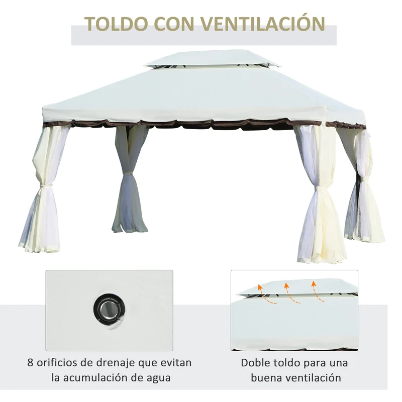Outsunny Cenador de Jardín 4x3 m, Pabellón de Jardín Gazebo con Doble Techo, 4 Cortinas y Mosquitera, Marco de Aluminio, Orificios de Drenaje, UPF50+, Carpa para Exterior, Terraza, Patio, Blanco Crema