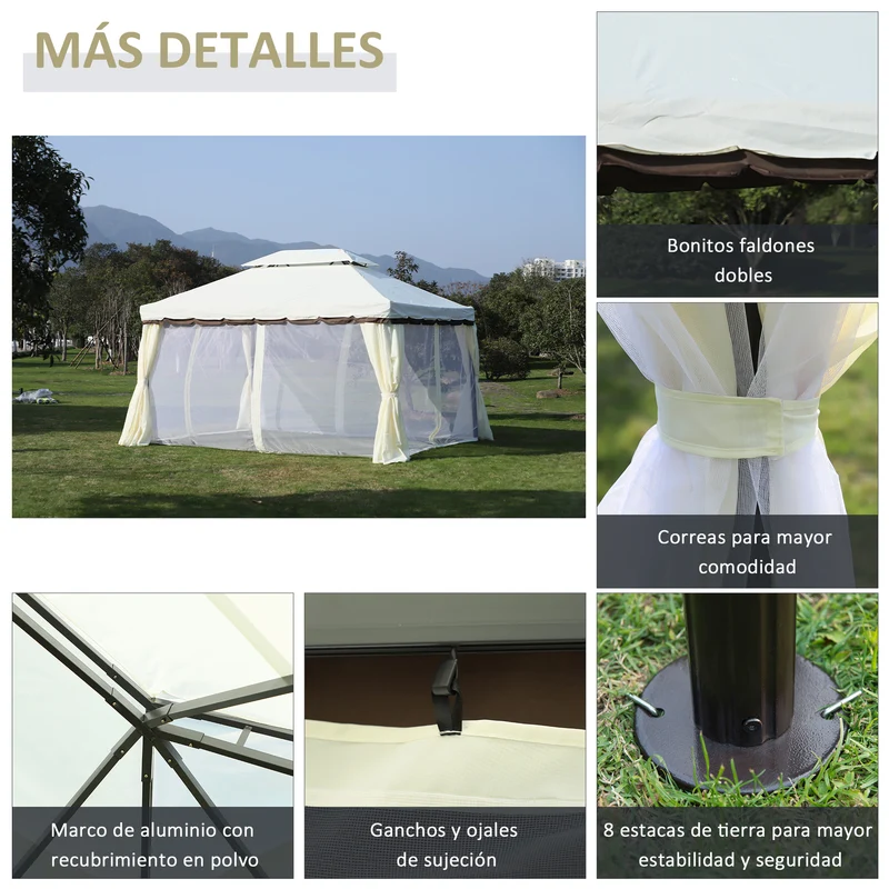 Outsunny Cenador de Jardín 4x3 m, Pabellón de Jardín Gazebo con Doble Techo, 4 Cortinas y Mosquitera, Marco de Aluminio, Orificios de Drenaje, UPF50+, Carpa para Exterior, Terraza, Patio, Blanco Crema