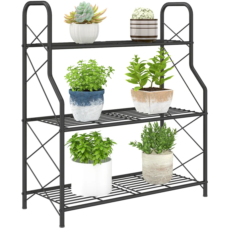 Outsunny Soporte para Plantas de 3 Niveles para Interior y Exterior, Estantería para Plantas de Metal con Patas Ajustables y Asas, Resistente y Estable, para Macetas, Patio, Jardín, Balcón, Negro