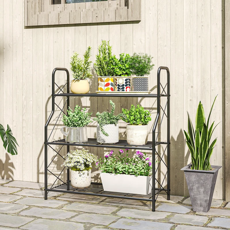 Outsunny Soporte para Plantas de 3 Niveles para Interior y Exterior, Estantería para Plantas de Metal con Patas Ajustables y Asas, Resistente y Estable, para Macetas, Patio, Jardín, Balcón, Negro