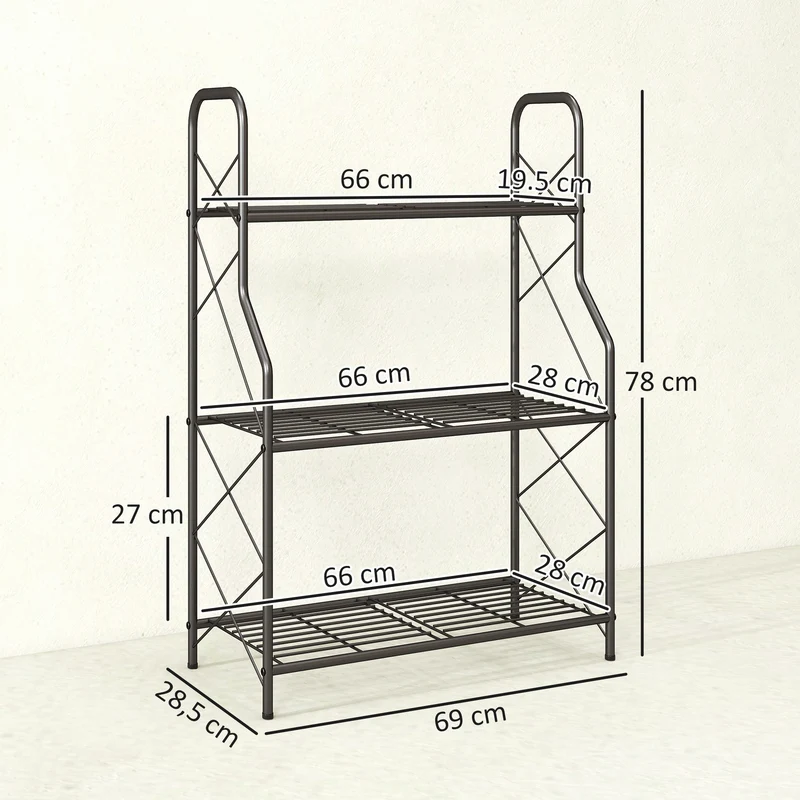 Outsunny Soporte para Plantas de 3 Niveles para Interior y Exterior, Estantería para Plantas de Metal con Patas Ajustables y Asas, Resistente y Estable, para Macetas, Patio, Jardín, Balcón, Negro
