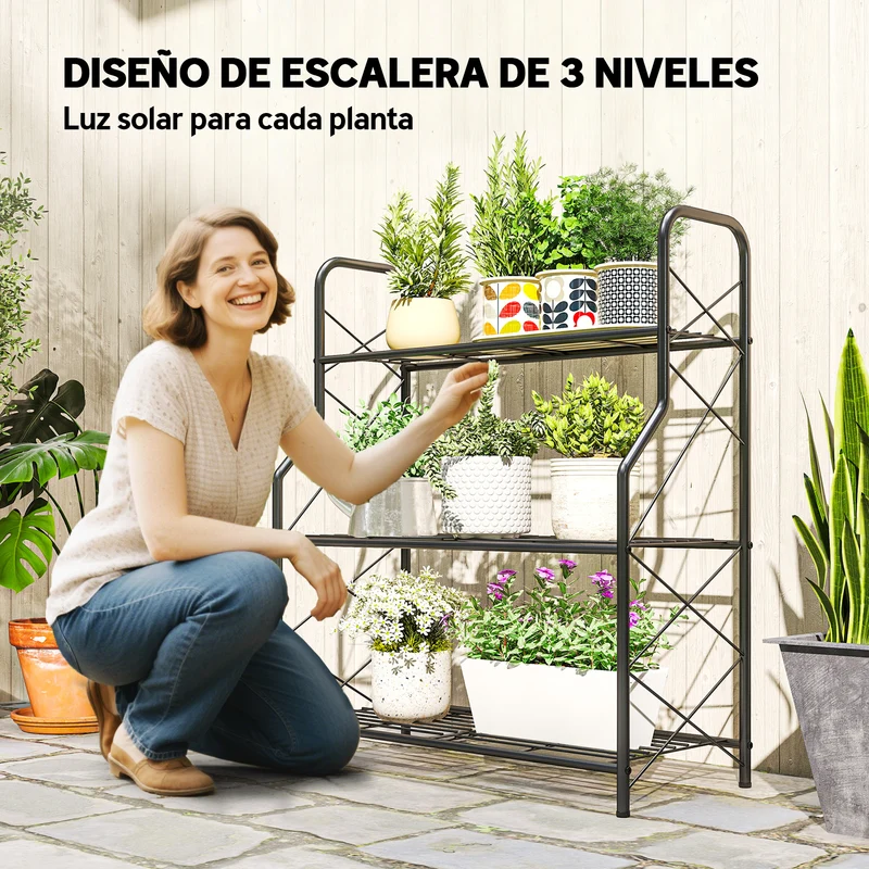 Outsunny Soporte para Plantas de 3 Niveles para Interior y Exterior, Estantería para Plantas de Metal con Patas Ajustables y Asas, Resistente y Estable, para Macetas, Patio, Jardín, Balcón, Negro