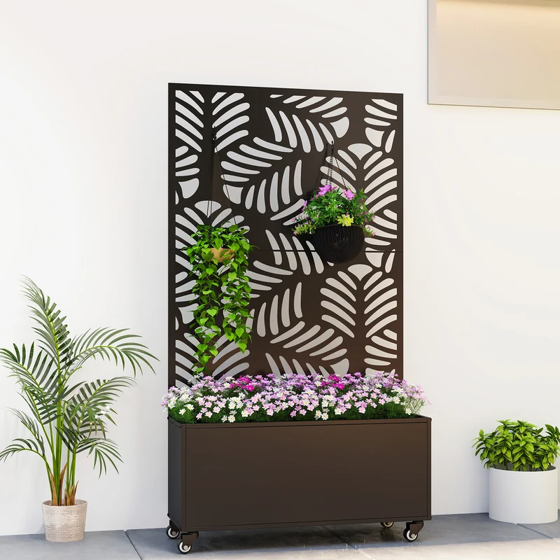Outsunny Jardinera Exterior Grande de Metal con Ruedas, Jardinera con Pantalla de Privacidad de Hojas de Monstera, Macetero con Enrejado para Plantas Trepadoras, Patio, Terraza, 90x30x160 cm, Negro