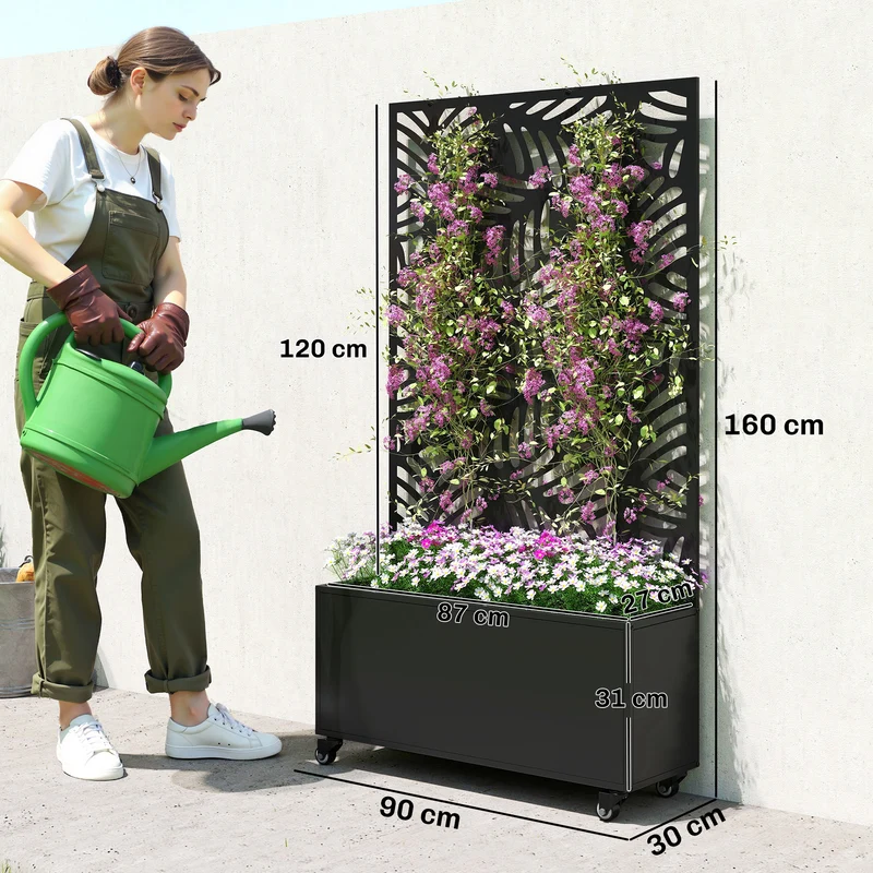 Outsunny Jardinera Exterior Grande de Metal con Ruedas, Jardinera con Pantalla de Privacidad de Hojas de Monstera, Macetero con Enrejado para Plantas Trepadoras, Patio, Terraza, 90x30x160 cm, Negro