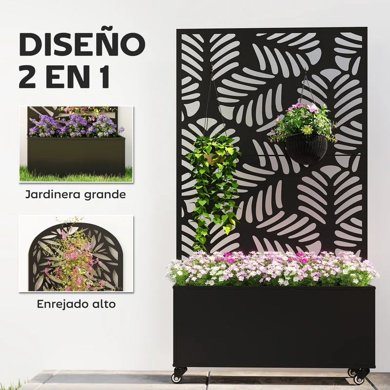 Outsunny Jardinera Exterior Grande de Metal con Ruedas, Jardinera con Pantalla de Privacidad de Hojas de Monstera, Macetero con Enrejado para Plantas Trepadoras, Patio, Terraza, 90x30x160 cm, Negro