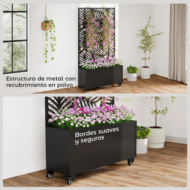 Outsunny Jardinera Exterior Grande de Metal con Ruedas, Jardinera con Pantalla de Privacidad de Hojas de Monstera, Macetero con Enrejado para Plantas Trepadoras, Patio, Terraza, 90x30x160 cm, Negro