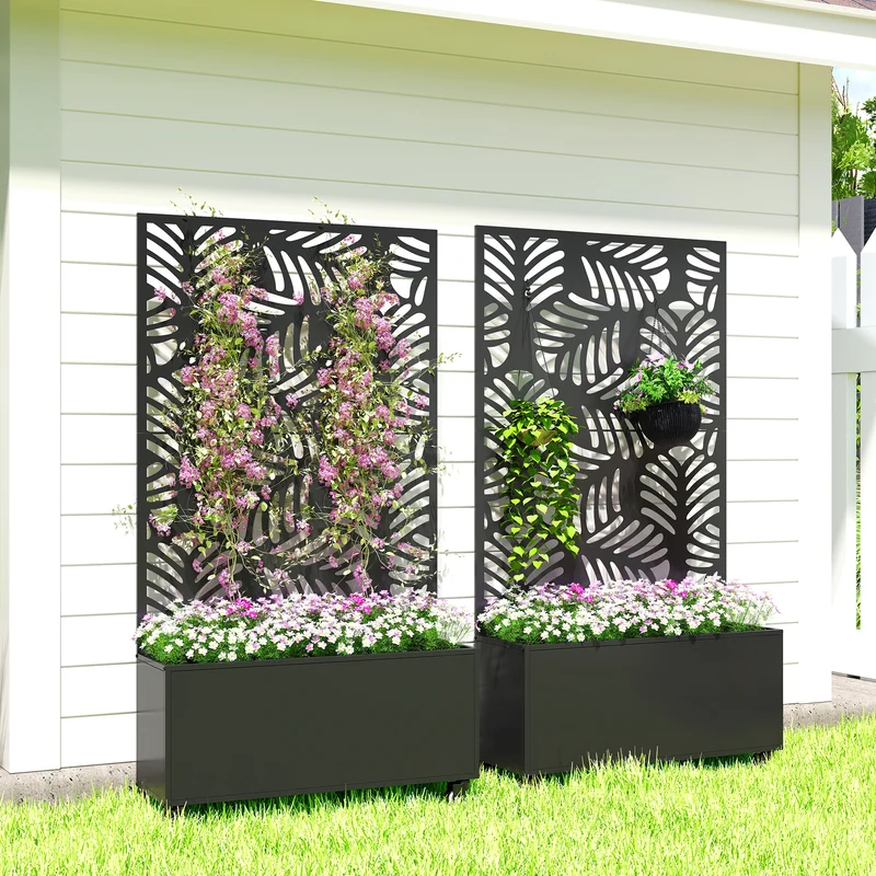 Outsunny Jardinera Exterior Grande de Metal con Ruedas, Jardinera con Pantalla de Privacidad de Hojas de Monstera, Macetero con Enrejado para Plantas Trepadoras, Patio, Terraza, 90x30x160 cm, Negro