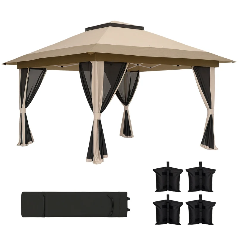 Outsunny Carpa Plegable Gazebo, 3,6x3,6 m, Cenador Plegable con 4 Paredes Laterales de Malla, Anti-UV, Altura Ajustable, Bolsa de Arena y Bolsa de Transporte, para Camping, Fiestas, Beige