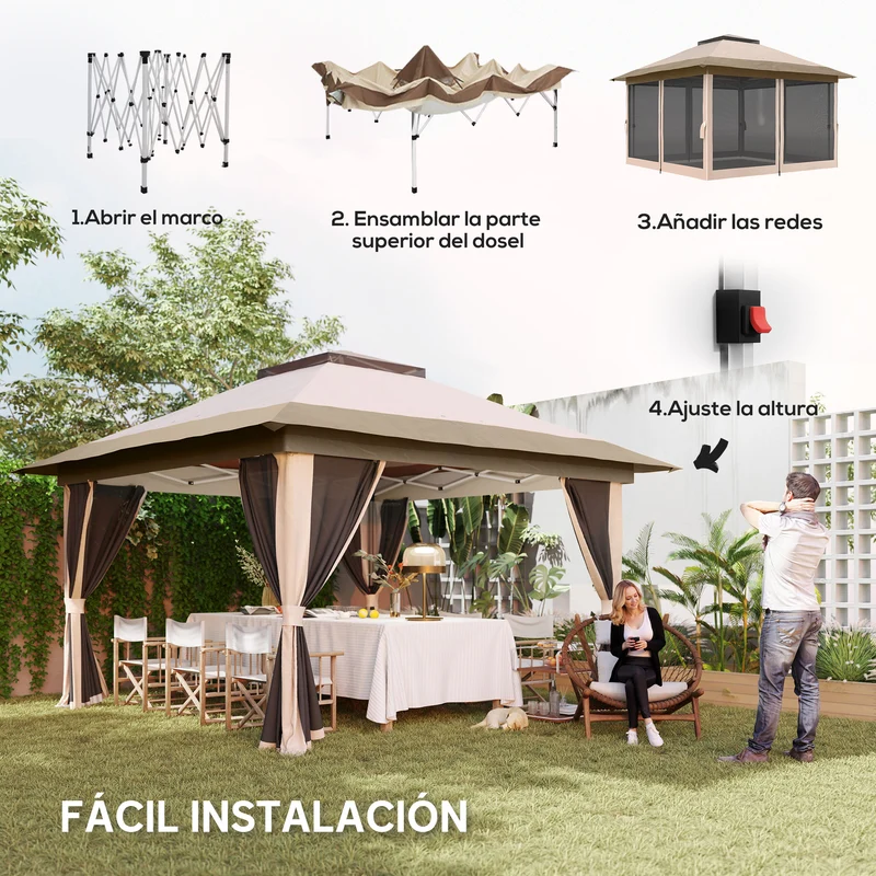 Outsunny Carpa Plegable Gazebo, 3,6x3,6 m, Cenador Plegable con 4 Paredes Laterales de Malla, Anti-UV, Altura Ajustable, Bolsa de Arena y Bolsa de Transporte, para Camping, Fiestas, Beige